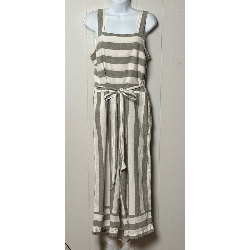 Beachlunchlounge Women's Striped Linen Blend Jumpsuit Sage Green White Size M